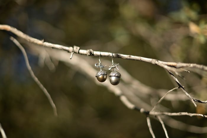 Sterling silver acorn drop earrings hanging from a bare branch